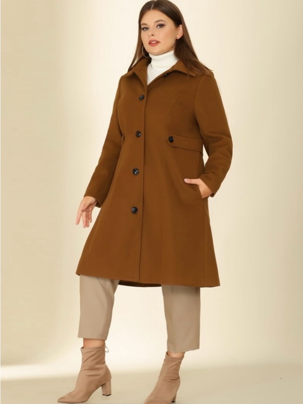 Classic Camel Wool-Blend Button Front Coat